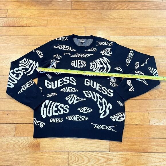 Guess Men's Sweatshirt Black White Large Allover Logo Print Long Sleeve Pullover - Picture 6 of 8